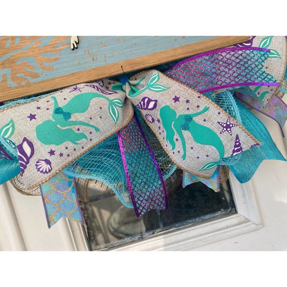Mermaid Wreath, Welcome to the Beach Mesh Ribbon Wreath Door Hanger Home Decor - Picture 3 of 8